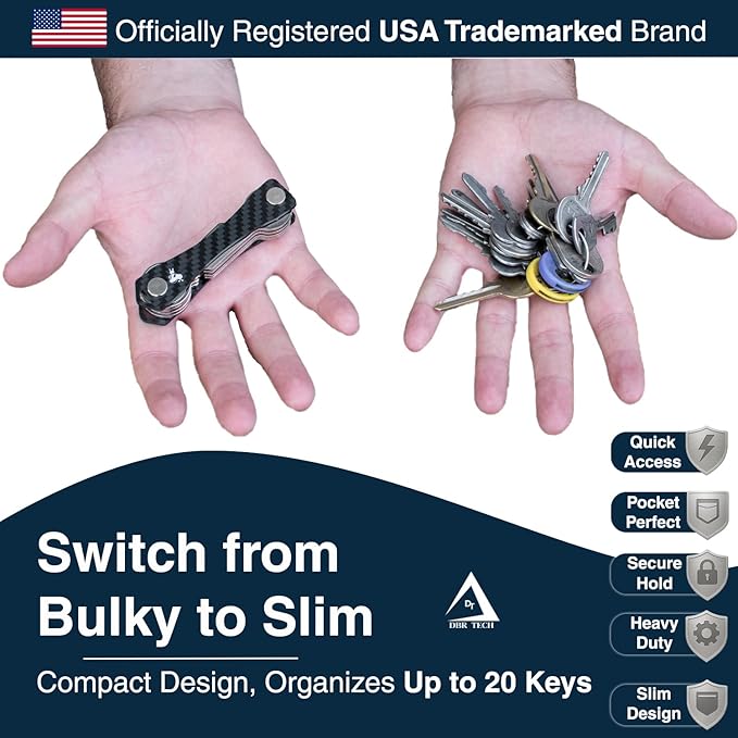 Carbon Fiber Compact Key Holder, Premium Smart Key Organizer Keychain (4-20 Slots), Heavy Duty Minimalist Multikey Folding Po
