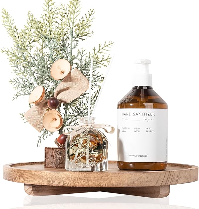 Round Decorative Tray Wood Bathroom Counter Organizer Farmhouse Kitchen Decor Wooden Riser for Soap Dish, Perfume, Candle, Sp