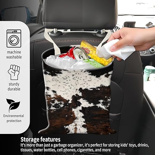 Car Garbage Can, Seat Back Hanging Cute Car Trash Can Bag, Car Organizer and Storage Bag for Travelling, Outdoor Cute Cowhide Pattern