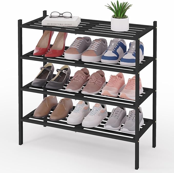 Smiry Bamboo Shoe Rack 4-Tier, Stackable Wooden Shoe Organizer for Entryway & Closet, Free Standing Wood Shoe Storage Shelf f