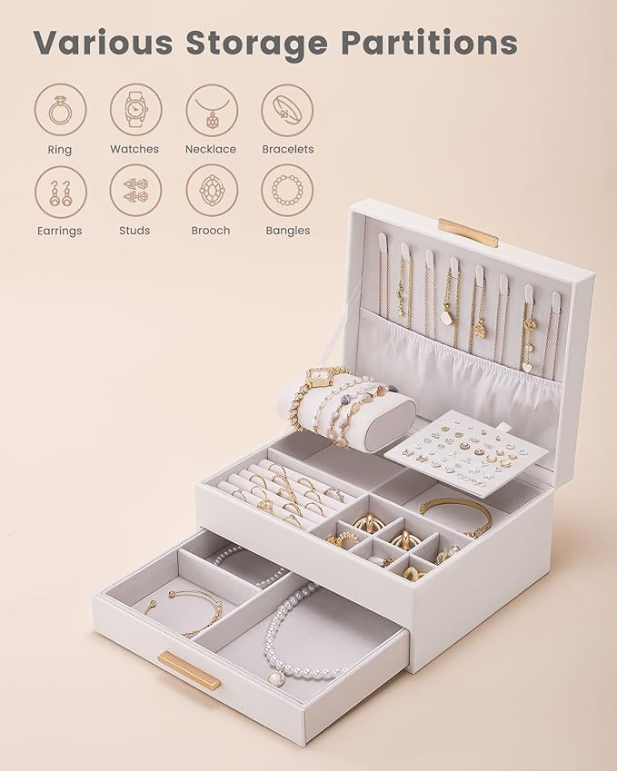 Lolalet 2-Layer Jewelry Box Organizer for Women Girls, Jewelry Storage Case Holder with Drawers for Necklaces Ring Earrings B