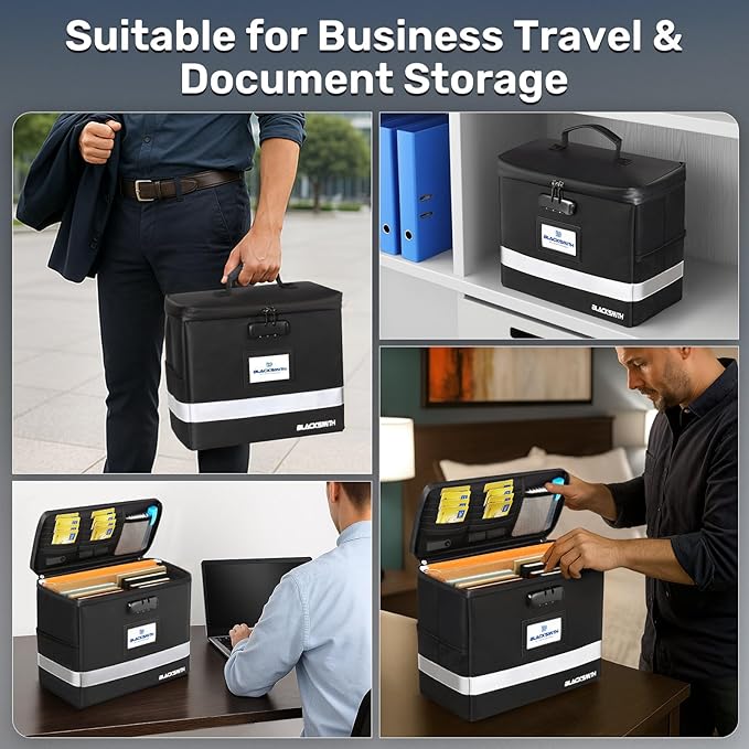 BlackSmith Fireproof Document Box With Lock, 4200°F Heat Resistant & IPX3 Waterproof Document Bag with Hanging File Organizer