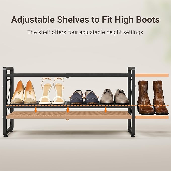 ELYKEN Shoe Rack, 4-Tier Expandable Shoe Organizer for Entryway, Metal Black Shoe Shelf with 4 Hooks, Adjustable Shoe Stand H
