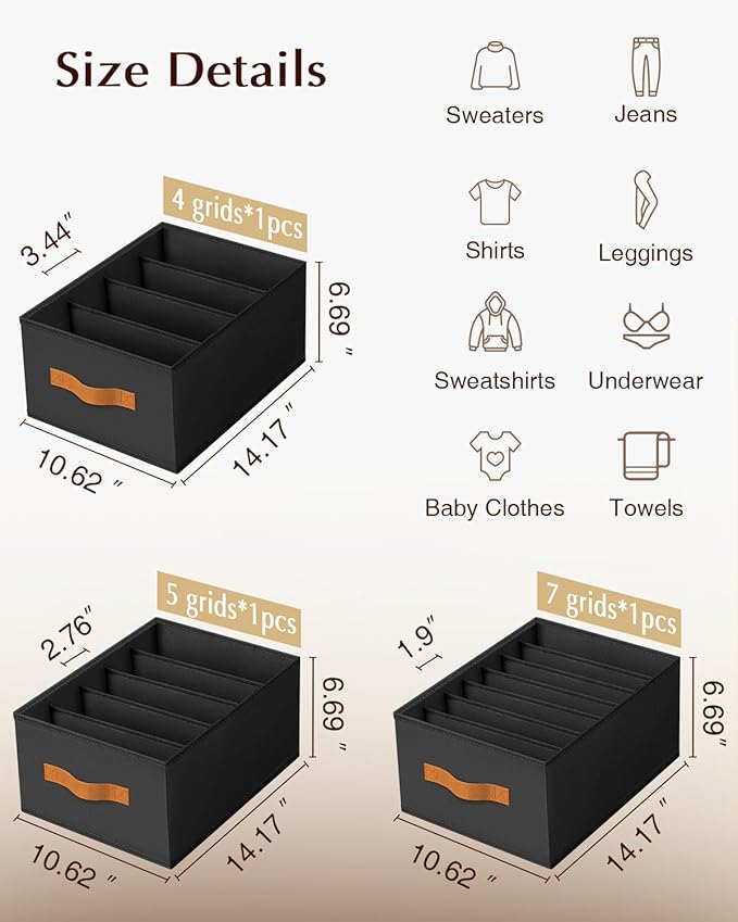 Homsorout Clothes Organizers and Storage - 4/5/7 Grids Fabric Jeans Organizer with Handles, Foldable Closet Organizers Divide