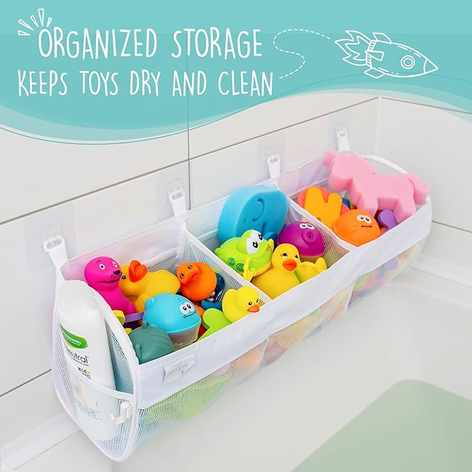 Comfylife Large Bath Toy Organizer – 3 Compartment Bath Toy Holder for Bathtub & Shower – Quick-Dry Mesh with 4 Strong Adhesi