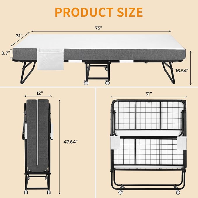 MAMIZO Foldable Bed,Portable Bed,Folding Bed with Mattress,75" x 31" Twin Size Rollaway Bed with Mattress for Adults,Metal Fr