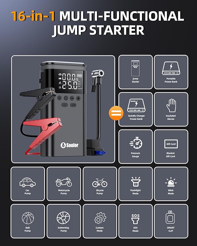 Jump Starter with Air Compressor, 6000A Battery Jumper Starter Portable, 12V Jump Box Car Jump Starter Portable with 150PSI