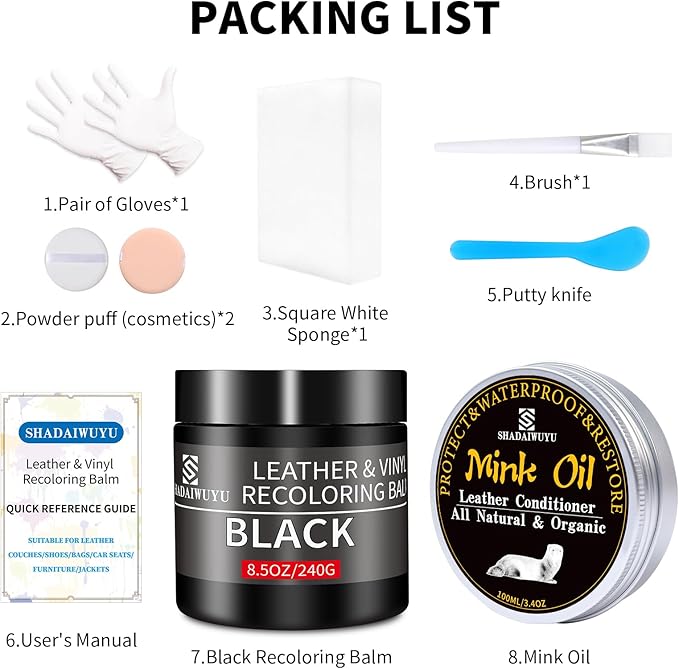 SHADAIWUYU 8.5oz Leather Recoloring Balm with 100ml Mink Oil,Black Leather Repair kit for Furniture and Car Interior,Leather 