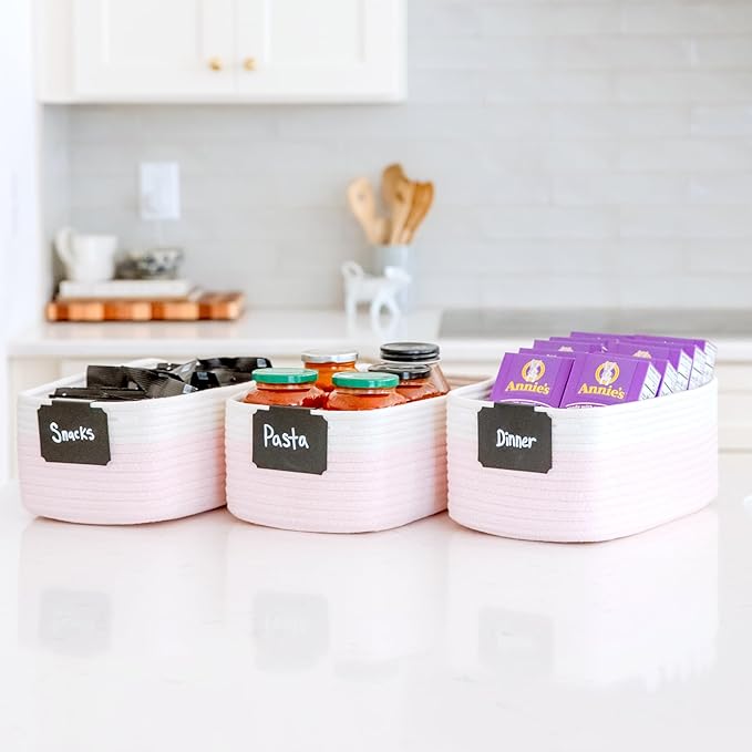 NaturalCozy 13.5”x8.5”x5.5” Rectangle Storage Baskets for Shelves 3 Pack | Cotton Rope Woven Small Baskets for Organizing | S