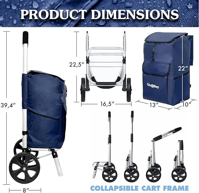 Ultra-Lightweight Blue Foldable Shopping Cart for Groceries Large 42L Capacity Rubber Wheels, Removable Insulated Bag Liner, Durable Aluminum Frame, Multi-Function Personal Hand Truck