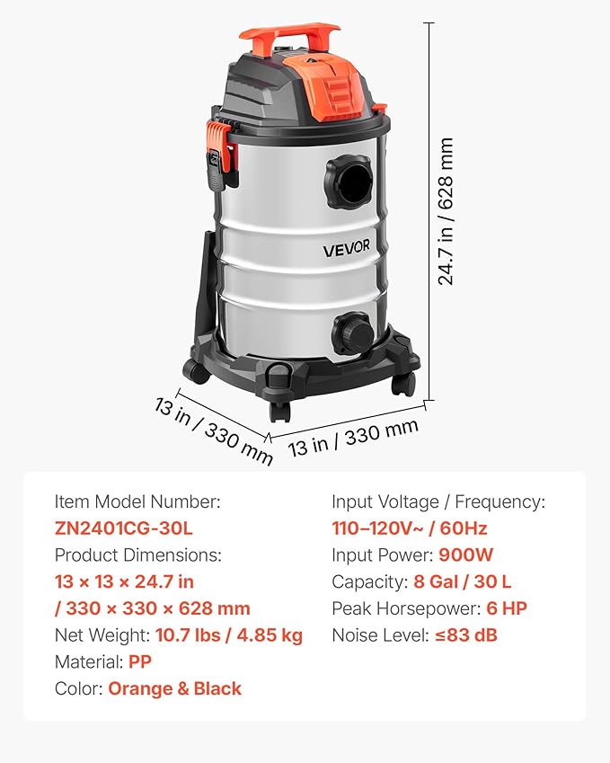 VEVOR Shop Vac, 8 Gallon Wet Dry Shop Vacuum, 6 Peak HP with One-Button Self-Cleaning, Dual-Filter, 900W Input Power, 1.25in 