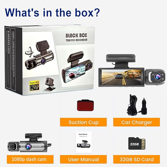 Dash Cam Front and Inside, 1296P Dual DashCams for Car, 3.16 Inch IPS Screen Driving Recorder with IR Night Vision, Loop Reco