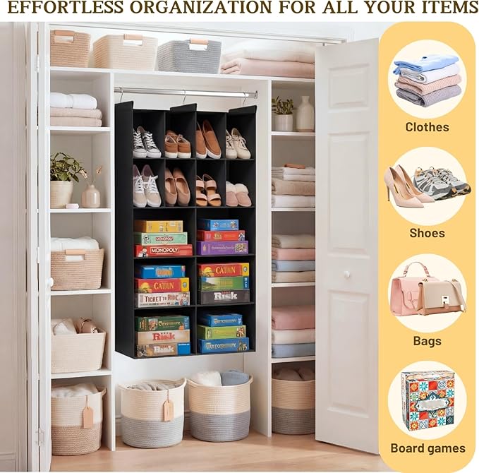 Ofiray-home 5 Tier Hanging Closet Organizer, 14 Compartments Sweater Organizer for Closet with 3 Sturdy Hooks, Closet Organiz