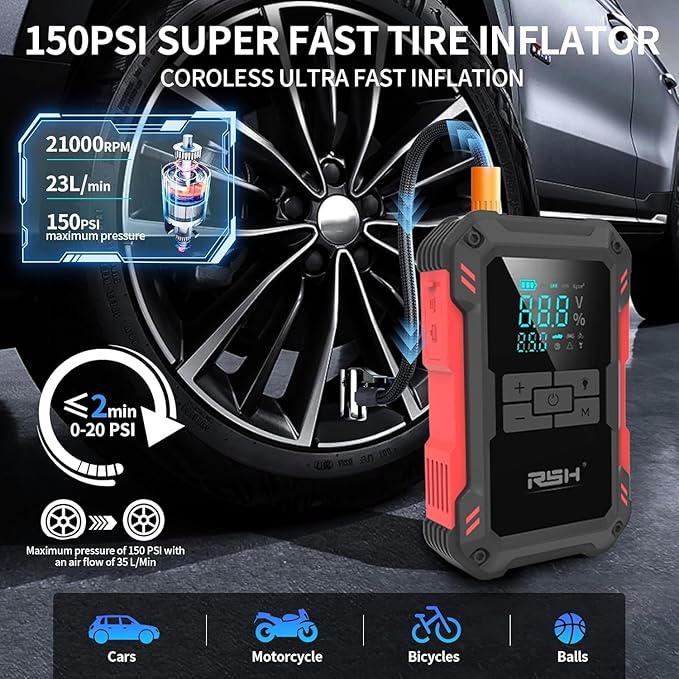 Car Jump Starter with Air Compressor 4000A Peak Battery Jump Starter 14.8V 150PSI Inflator Auto Booster 15000MA Jump Box (up