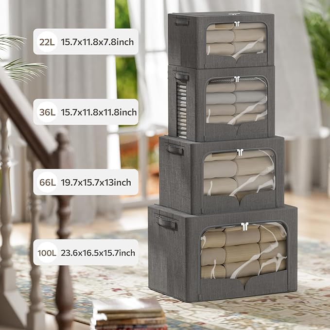 FHSQX 3 Pack Clothes Storage Bins - Foldable Metal Frame Storage Box - Stackable Linen Fabric Container Organizer Set with Ca