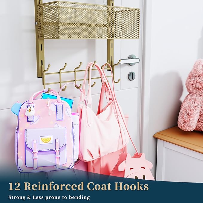 Consumest Over The Door Hooks Organizer - 4 Tier Door Coat Rack with 3 Baskets and 12 Hooks, Stainless Steel Towel Hanger for