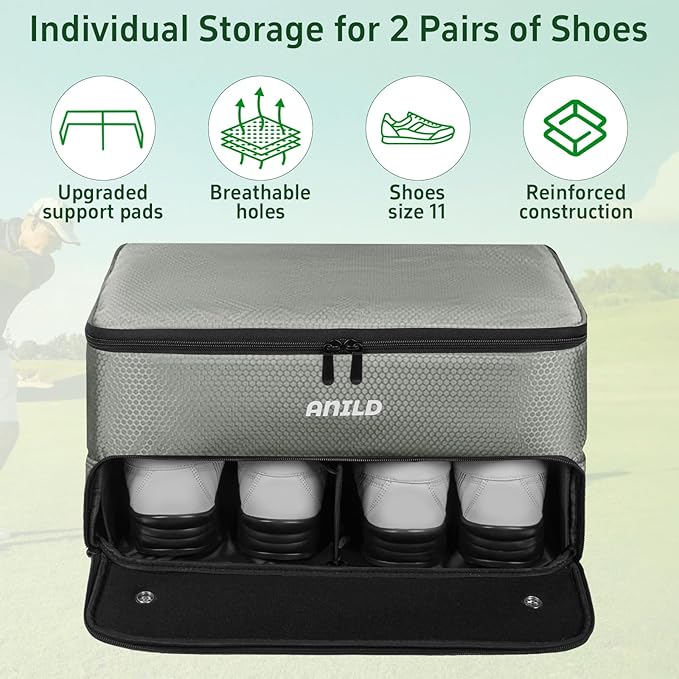 ANILD Golf Trunk Organizer, 2 Layer Golf Storage Case with Separate Ventilated Compartment for 2 Pair Shoes, for Balls, Tees,