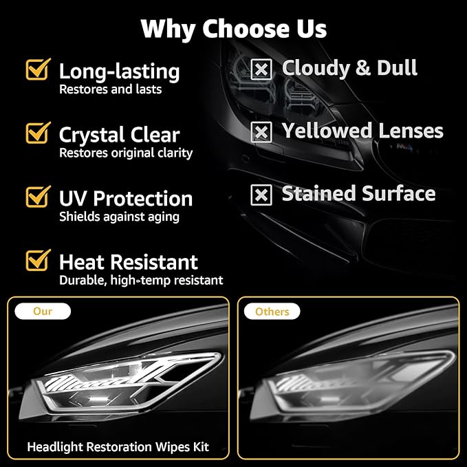 Headlight Restoration Kit, 3-Step Headlight Cleaner Wipes, Removes Yellowing, Oxidation & Cloudiness, Restores Clarity with U