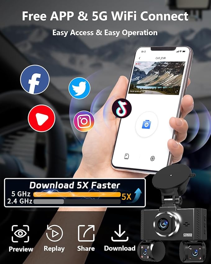 4 Channel Dash Cam Front and Rear Inside Left Right Car Dash Camera 360 View, 2.5K QHD Car Camera Supper Night Vision, 5G WiF