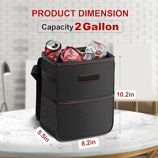 Simple Deluxe Car Trash Can With Lid, Storage Pockets, Leak-Proof Garbage Container, Adjustable Straps, Waterproof, Portable, Collapsible, 2 Gallon, Black