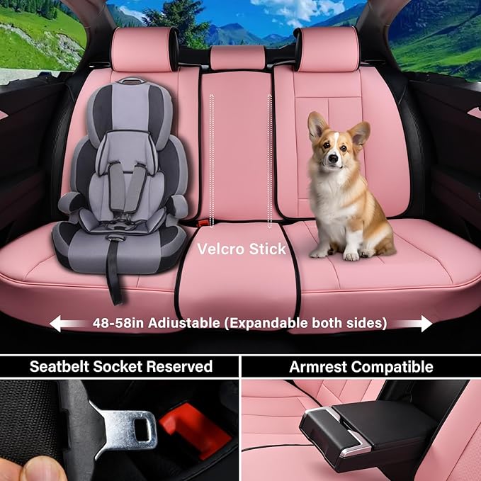 Coverado Car Seat Covers Full Set, Seat Covers for Cars, Pink Car Seat Protector Waterproof, Nappa Leather Car Seat Cushion, 