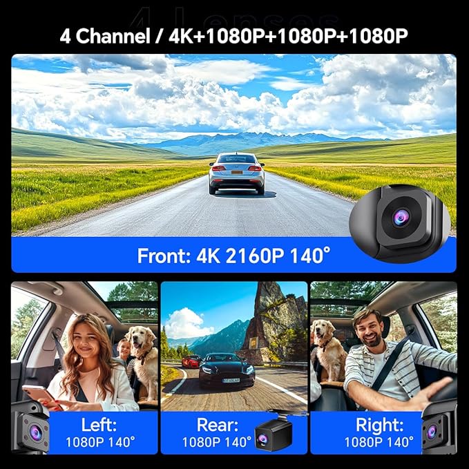 D80 4-Channel 4K Rear View Mirror Camera with ADAS and BSD,11” Touchscreen, Front and Rear and Left and Right Camera for Car，