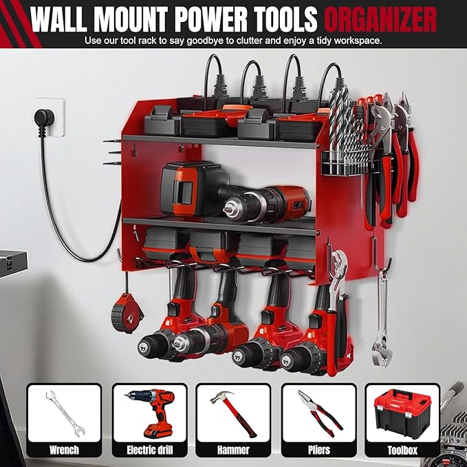 Modular Power Tool Organizer Wall Mount with Charging Station, 3-Layer Heavy Duty Drill Holder Rack & 8-Outlet Power Strip fo