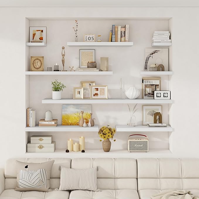 Fun Memories Deep Floating Shelves, 32W x 12D White Wall Shelves, 32 Long Rustic Wood Wide Storage Shelves for Bedroom, Kitch