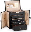 Homde Synthetic Leather Huge Jewelry Box Mirrored Watch Organizer Necklace Ring Earring Storage Lockable Gift Case (Black + G