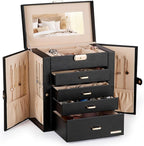 Homde Synthetic Leather Huge Jewelry Box Mirrored Watch Organizer Necklace Ring Earring Storage Lockable Gift Case (Black + G
