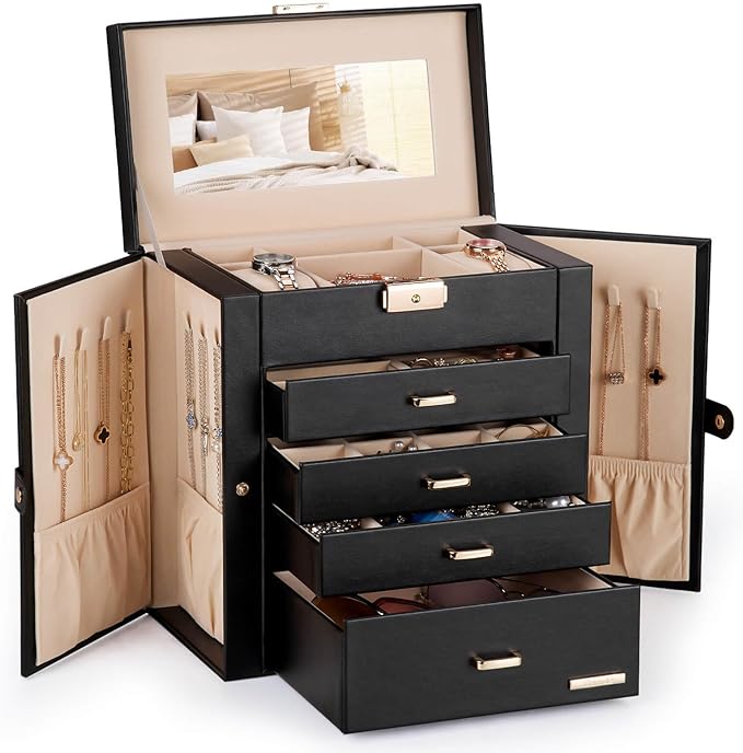 Homde Synthetic Leather Huge Jewelry Box Mirrored Watch Organizer Necklace Ring Earring Storage Lockable Gift Case (Black + G