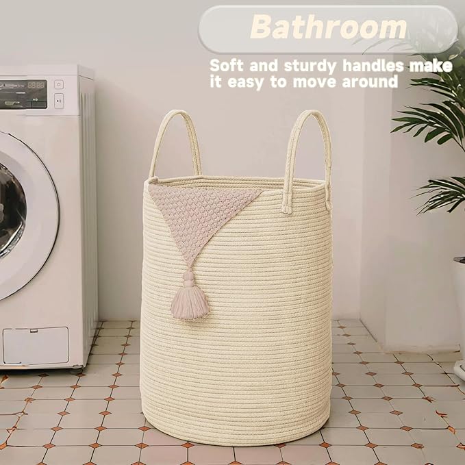JMvicyroam Large Woven Laundry Basket Hamper,100L Cotton Rope Storage Bin for Blankets,Toys and Clothes,Decorative Tall Nurse