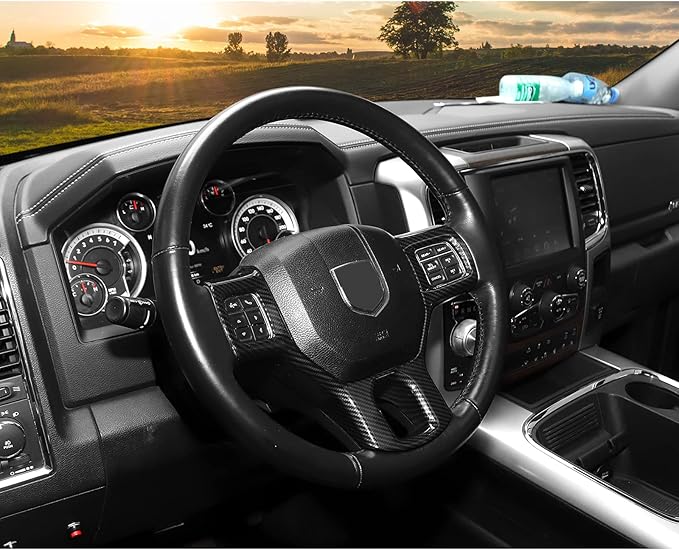 Hoolcar Interior Steering Wheel Cover ABS Trim for 2010-2017 Dodge RAM 1500 Accessories, Carbon Fiber