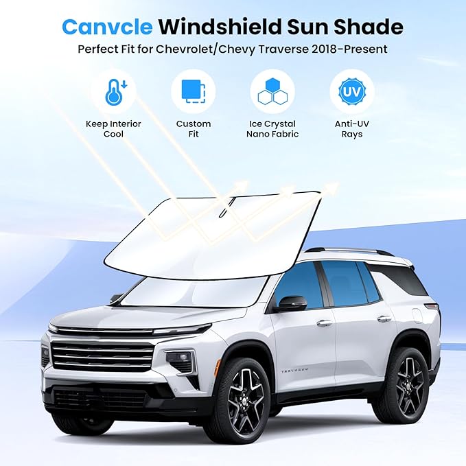 Windshield Sun Shade for Chevrolet/Chevy Traverse 2018-2025 2026 Accessories Upgraded Double-Layer Foldable Front Window Sunshade Cover Sun Visor Protector Block UV Rays Keep Vehicle Cool
