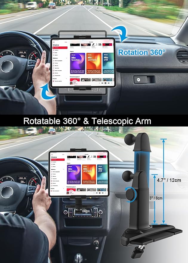 CD Tablet Holder Height Adjustable, CD Slot Tablet Mount for Car [Telescopic Arm 4.7"] Vehicle CD Player Tray Cradle for iPad Pro Air Mini, Galaxy Tabs, iPhone, 4-12.9" Tablets & Phones