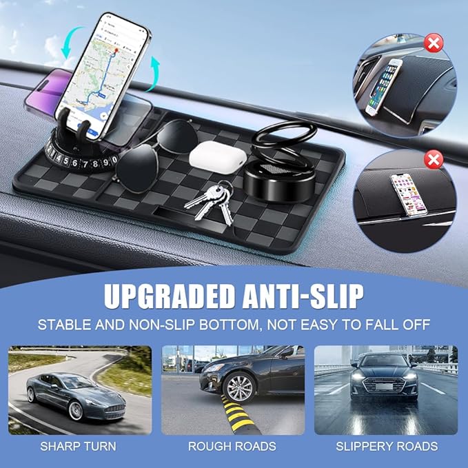 Car Anti Slip Mat Dashboard Tray Decorations Sticky Pad Thicken Washable with 360° Rotating Universal Phone Pad Holder+Number