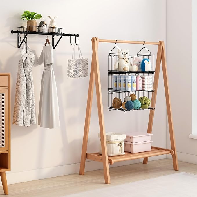 bukfen 3 Tier Hanging Closet Organizer, Wall Mounted Wire Storage Shelf with 4 Hooks, Foldable Stackable Organizer for Laundr