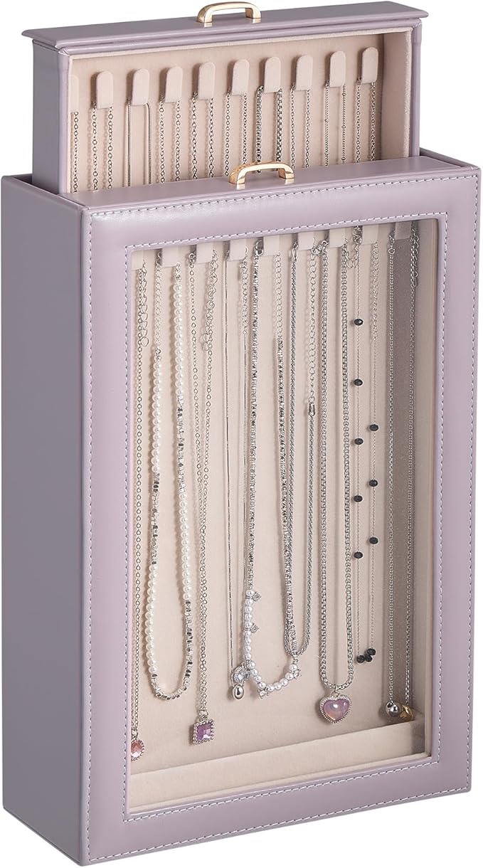 Lolalet Necklace Organizer Box, Jewelry Storage Box with Clear Window for Necklaces Bracelets, Tangle-Free Necklace Display C