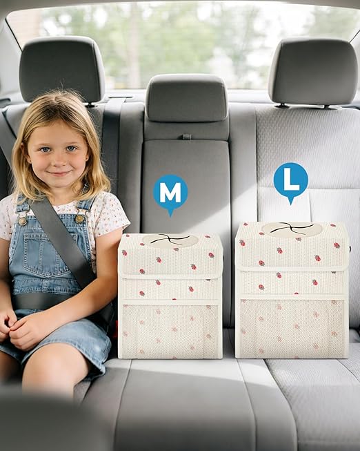Corduroy Car Trash Can with Lid and Mesh Pockets - Leakproof Organizer,Multipurpose Waterproof Garbage Can/Trash Bin for Car(Off-White Base with Red Strawberry Print-2 Gallons)