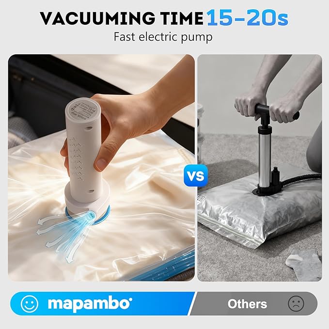 Mapambo Travel Vacuum Bags with -4000Pa Electric pump, 15 Pack Vacuum Seal Bags for Clothing Travel in 3 Combo sizes, Space S