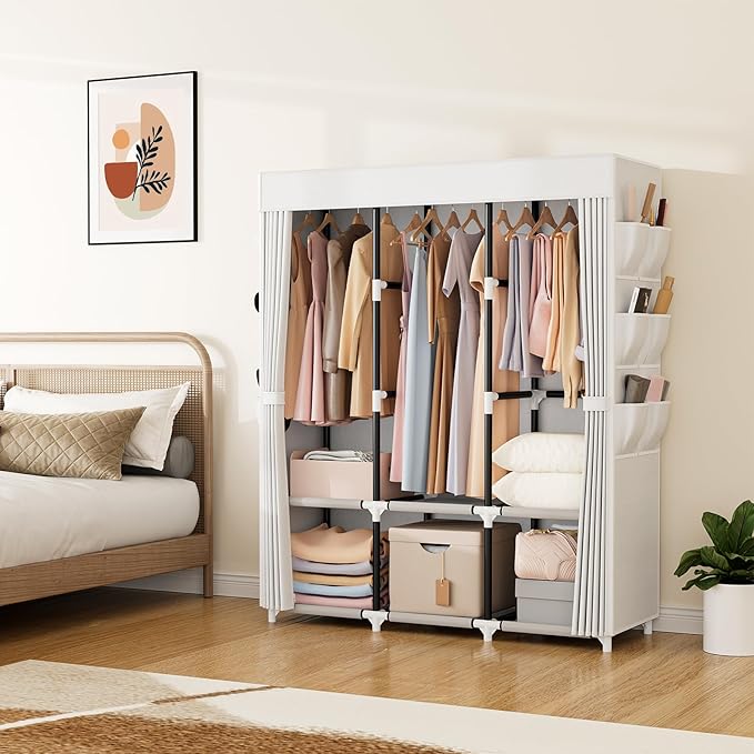 VTRIN Portable Closet Wardrobe for Hanging Clothes Closet with Cover, 3 Hanging rods, 6 Storage Shelves and Side Pocket, Diam