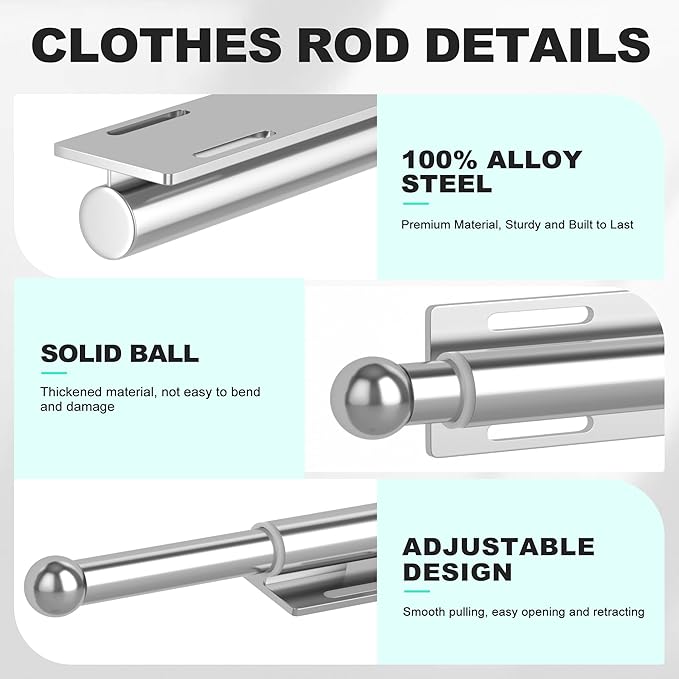 Valet Rod for Closet Retractable, 13.4"-23.2" Pull Out Clothes Hanger Rail, Heavy Duty Alloy Steel Side Mount Wardrobe Bar, A