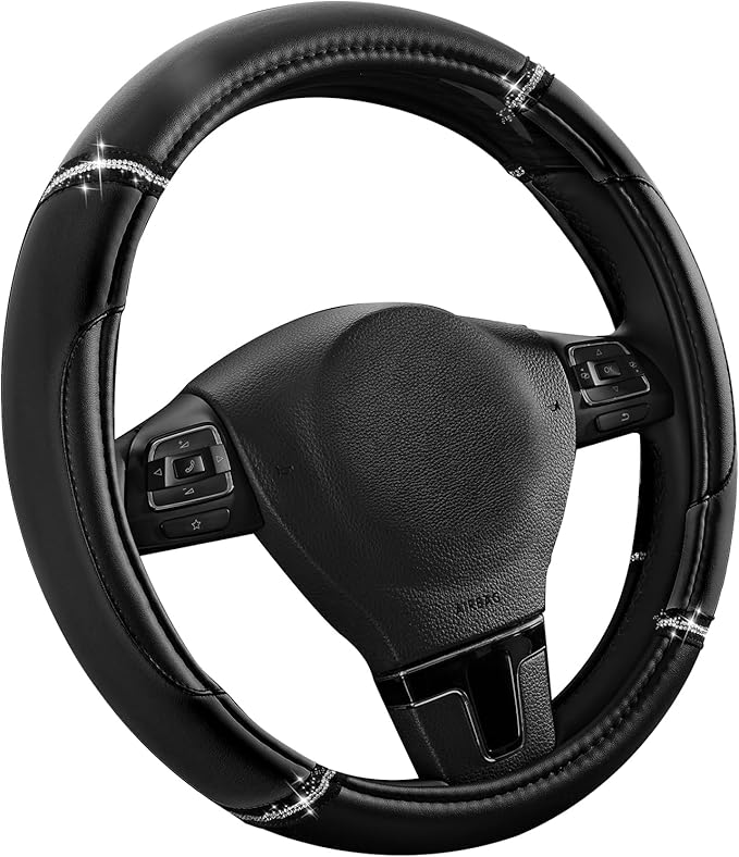Road Comforts Leather Steering Wheel Cover - Made with PVC Leather - Anti-Slip, Universal Fit 14 1/2 inches to 15 inches - Bl