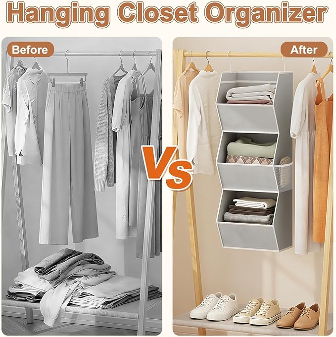 Hanging Closet Organizer 3 Shelf Collapsible Bedroom Closet Organizers and Storage Hanging with Mesh Pockets for Clothes, Fab