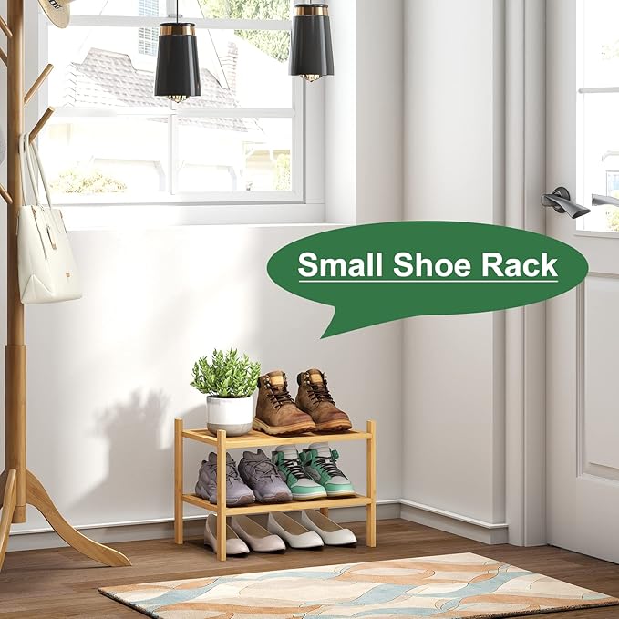 kiplant Small Shoe Rack, 2-Tier Bamboo Wood Shoe Rack for Entryway, Stackable Shoe Organizer for Hallway Closet, Free Standin