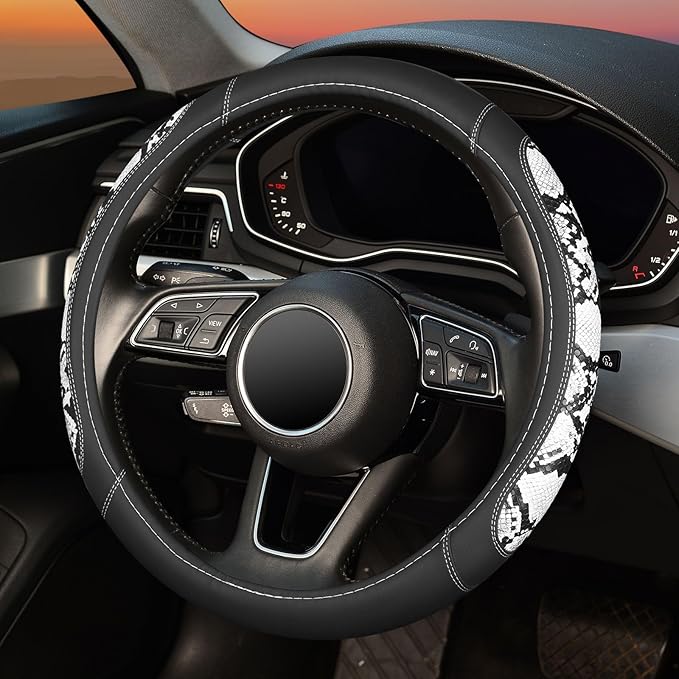 ZHOL Snake Skin Leather Steering Wheel Cover,Black and White Animal Fur Car Accessory Steering Wheel Cover,Universal 14.5-15i