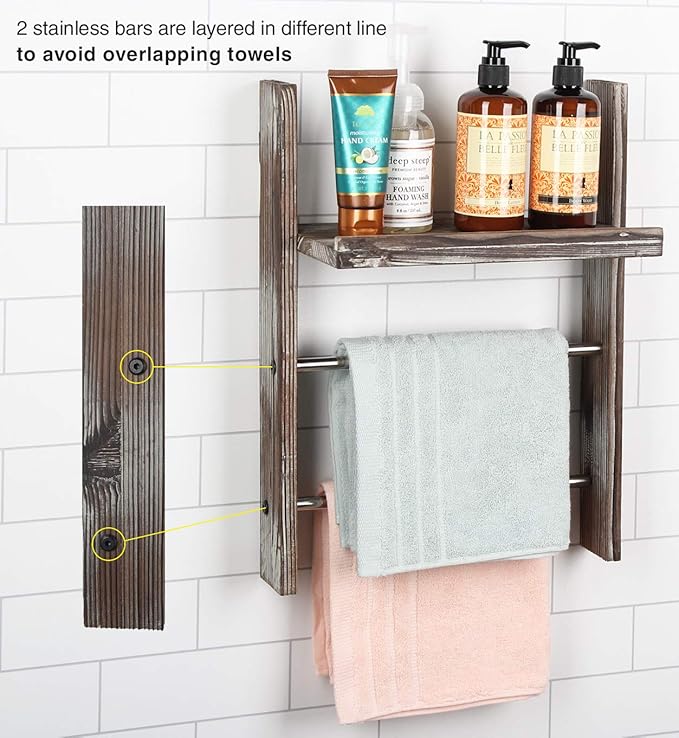 J JACKCUBE DESIGN Rustic Wood Wall Mount Towel Rack with Shelf, Blanket Ladder for Bathroom, Kitchen Hand Towels Holder, Stai