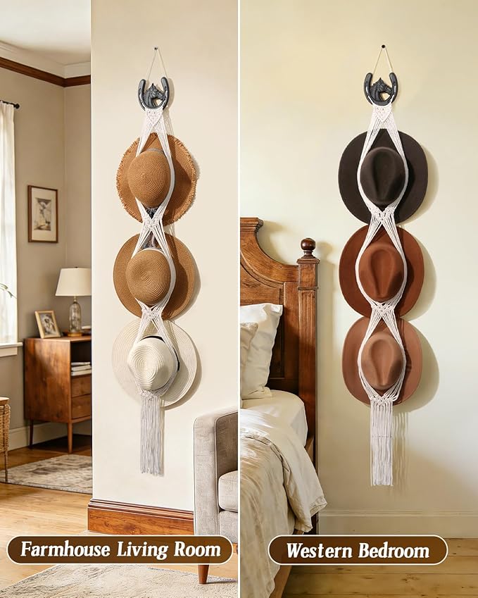 Macrame Wall Hat Rack Boho Hat Organizer Wall Mount with Cast Iron Horsehead Hanger Western Hat Holder for Women Wide Brimmed