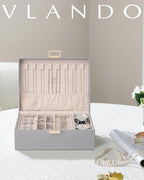 VLANDO 2 Layer Jewelry Box Large Jewelry Organizer for Women Removable Jewelery Tray with Watch Pillow for Necklace Earrings 