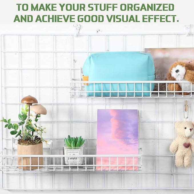 Blulu 4 Pcs 15.75 x 3.94 x 1.97 Inch Metal Grid Wall Baskets with Hooks Grid Wall Shelves Hanging Wire Basket Multi Function 